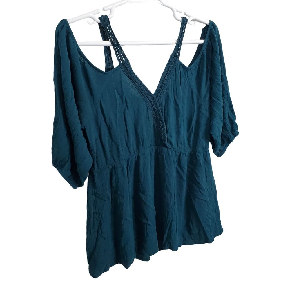 Torrid Size 3 Top Teal Gauze Cold Shoulder Peplum Blouse V-neck Flowy Babydoll